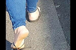 White Blonde Bbw in jean and slippers Feet soles