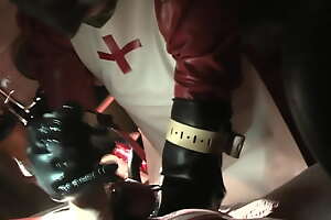 Rubbernurse Agnes - clinic red nurse dress with white apron - intensified colon fist fucking and final milking of the sperm cream